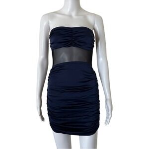 Roma Scrunched Satiny Spandex Tube strapless Mesh dress Navy Blue size small